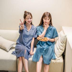 [우일인견]여성 인견  카라 솔리드 원피스 잠옷 여름 홈웨어