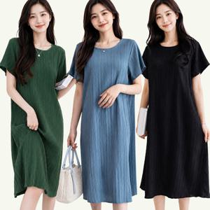 플리츠 인견 반팔원피스 주름원단 루즈핏 심플디자인 라운드넥  3종