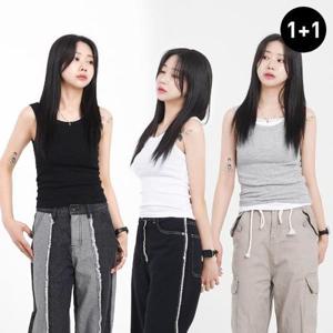 [화이트빌딩]1+1 여성 여름 라운드 면 민소매 나시티 레이어드 이너 흰색 회색 검정