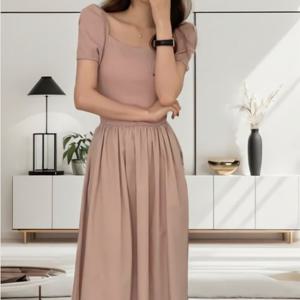 [SALE]여성 봄 여름 잔플리츠 어깨 퍼프 롱 원피스