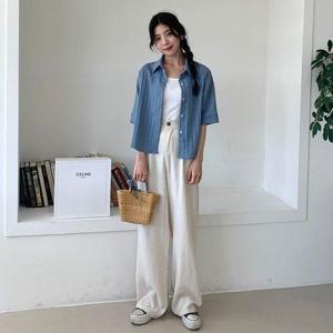 [네쥬]여성 여름 기본 카라넥 패턴 데일리 반팔 셔츠 남방