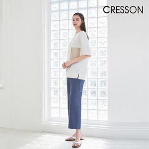 [크레송]화이트 여성 우븐패치 디테일 롱티셔츠 C232B001A1_WH
