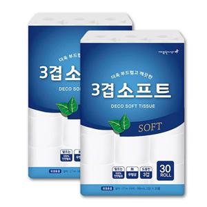 깨끗한나라 3겹 데코 소프트 화장지 27m 30롤 2팩