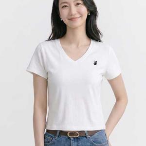 NT3395 여성 데일리 자수 포인트 브라캡 브이넥 반팔 티셔츠