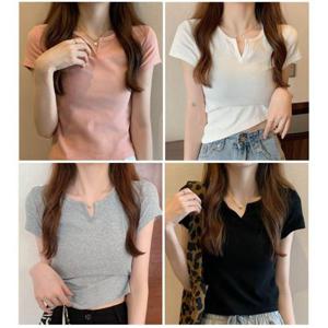 데일리템 여름 시원한 앞트임 여성 무지 편한 크롭 반팔 티셔츠