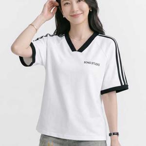 NT3339 캐주얼 루즈핏 배색 라인 브이넥 반팔 티셔츠