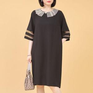 [애비뉴투지]엄마옷 오간자 플리츠 카라 시스루 소매 여성 여름 칠부 롱 정장 원피스 K07320 50대 60대