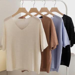 [디자이너몰][sale] 여성 여름 린넨 부클 브이넥 반팔 니트
