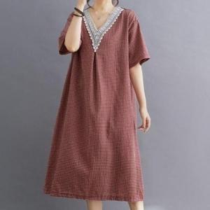 [애슬릿] 여성 여름 원피스 브이넥 레이스 체크 롱 빅사이즈