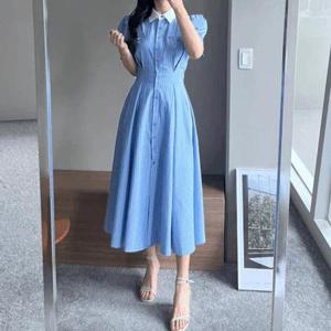 [엘린무드]클레르 카라 배색 스트라이프 셔츠 플리츠 핀턱 뒷밴딩 A 라인 롱 여름 반팔 원피스(3color)