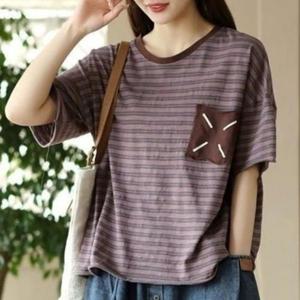 [애슬릿] 여성 반팔 티셔츠 스트라이프 시보리 여름 라운드