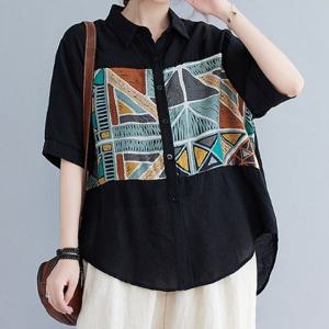 [블랙퀸] 에스닉 지오메트릭 배색 코튼 셔츠 blk004702