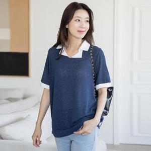 엄마옷 마담4060 데일리 반팔 더블카라넥 캐주얼 린넨티셔츠-QTE2507010-