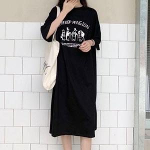 여름데일리룩 루즈핏 펭귄 원피스 데일리 밑단절개 베이직 롱기장