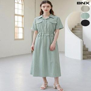 [비엔엑스]바스락 스트링 포켓 카라 반팔 원피스
