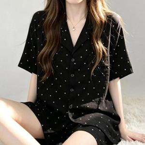 여성 여름 스텔라 블랙 반팔 반바지 홈웨어 세트 잠옷 WFODEWO