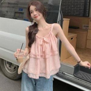 [옷자락]여자 여름 레이스 프릴 시어 끈나시 블라우스