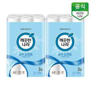 [APP전용][최종가24,930원]깨끗한나라 순수 소프트 3겹 화장지 27m 30롤 x 2팩