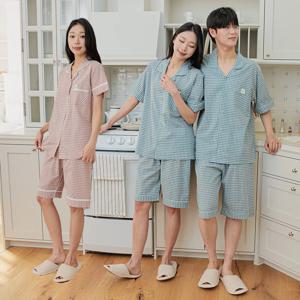 국산 40수 선염 순면 메이체크 커플 반팔 상하세트 여름 잠옷 파자마