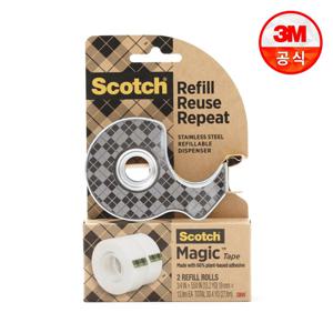 스카치 매직 테이프 그리너 스타터팩 메탈 디스펜서+리필(19mm x 13.9m) 2입