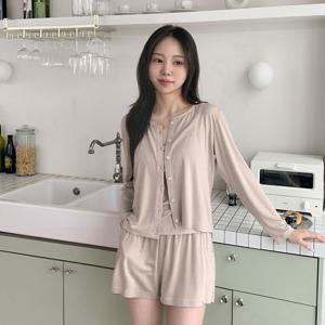 리튼 긴팔 반바지 파자마 캡내장 쓰리피스 잠옷세트 2color