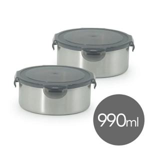 올품락 포스코 STS304 스텐밀폐용기 원형 3호 990ml x 2개 그레이