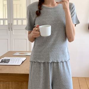 반팔 단품가능 국산 순면 멜로라인 골지 여름 잠옷 라운지 세트 2color