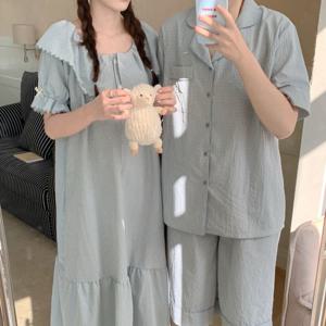 민티블루 커플 여름 반팔 잠옷 빅카라 원피스 파자마 시원한 홈웨어 상하세트 신혼부부