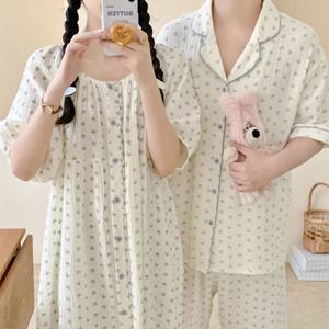 블랑루아 여름 커플 잠옷 요루면 원피스 파자마 시원한 반팔 홈웨어 상하세트