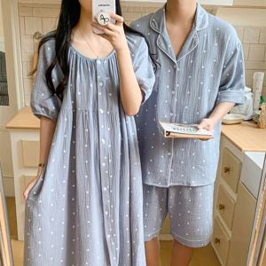 블루하트 여름 커플 반팔 잠옷 루즈핏 원피스 파자마 요루면 홈웨어 상하세트
