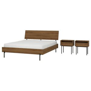 로드만쇠 침실가구3종 협탁2+침대 브라운 호두나무 무늬 150x200cm