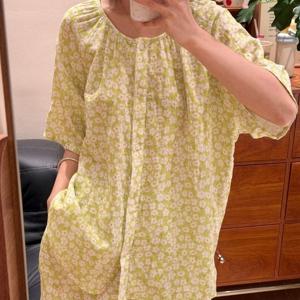 반팔 세트 순면 연두꽃 더블거즈 노카라 여름 홈웨어 1color