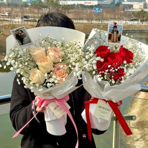 장미 생화 LED 안개꽃다발 쇼핑백 set 보냉포장