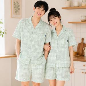 민트브리즈 요루면 체크 여름 커플잠옷 반팔 파자마