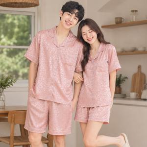 실크에어 레오파드 커플 반팔잠옷 여름 파자마 상하의 세트