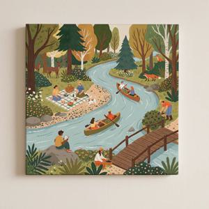 숲속 풍경 일러스트 피크닉 카누 자연 그림 인테리어 액자 포스터 30cm x 30cm