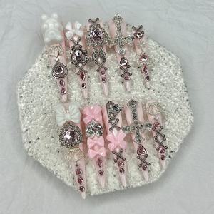 TEMU 10pcs Y2K Pink Cute Long Press-On Nails, Gyaru Style Bow Heart Cross Elongated Fake Nails, Crown Nail Art Supplies, Includes 1 Jelly Stier + 1 Plastic Sti + 1 Nail File