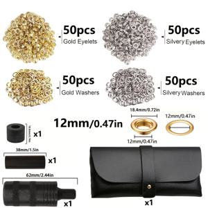 TEMU 공구 키트 100세트 (금색 50세트, 은색 50세트), 10/12mm 내경 아일렛 설치용 공구 및 와셔가 포함된 아일렛 펀치, 보관 가방 포함, 방수포 수리, DIY, 텐트, 캔버스, 신발, 가방에 적합