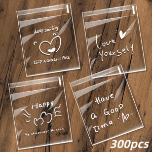 TEMU 300개, 행복한 글자 디자인 투명 플라스틱 간식 봉투, 자체 접착식 선물 가방, 사탕, 스낵, 비스킷, 파티 답례품, 포장용