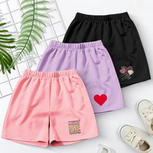 TEMU 여아용 골지 아우터웨어 반바지 3개 세트, 하트와 레터링 프린트, 루즈핏, 편안하고 통기성 좋은 여름 반바지, 다양한 색상 선택 가능, 여름 야외 활동 필수품 - D10, 야외 활동에 최적