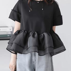 TEMU 일본 스타일 봄/여름 신상 귀엽고 나이 감추는 캐주얼 반팔 상의, 패셔너블한 고급 스플라이스 여성용 반팔 티셔츠, 고품질