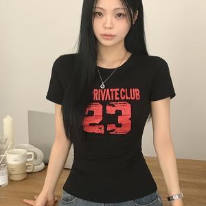 TEMU 레터 및 숫자 프린트 캐주얼 슬림핏 반팔 티셔츠, 남녀공용 스타일