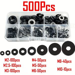 500개 PVC 평면 가스켓 씰링 링 - 전기 연결 및 해양용, 고온 내성, M2~M10 사이즈, 플라스틱 코팅, DIY, 자동차, 보일러용 씰링 링 (보관함 포함)