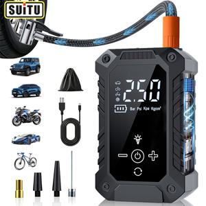 TEMU Suitu 150 PSI 무선 타이어 공기 주입기, 휴대용 에어 컴프레서, LED 조명 및 디지털 디스플레이 장착, 자동 종료 및 원클릭 사전 설정 모드 기능, 디지털 디스플레이는 4가지 압력 단위를 지원하며 핸드헬드 전동 타이어 펌프로 사용 가능