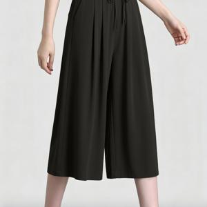TEMU 여름 아이스 섬유 원단 와이드 레그 팬츠 여성용 하이웨이스트 드레이프 루즈 크롭 팬츠 탄성 허리 얇은 캐주얼 스커트 팬츠