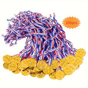 TEMU 골든 플라스틱 스포츠 및 파티 우승자 메달 100개 - 내구성 있는 소재, 게임 대회, 스포츠, 축구, 농구, 레저, 축하 행사에 이상적