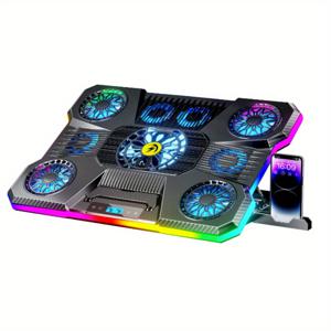 TEMU 핫딜 게임 노트북 방열판, 노트북 팬 쿨러, 효율적인 열 방출, 저소음 작동, 10가지 RGB 조명 모드 및 9개의 팬, 10-19.3인치 노트북에 적합, 8개의 높이 조절 스탠드, 2개의 USB 포트 및 휴대폰 거치대 포함