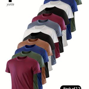 TEMU 12개 혼합 색상: , 아미 그린, 네이비 블루, 카키, 블랙, 화이트, 그레이, , 블랙, 화이트, 네이비 블루, 아미 그린. 초경량 남성용 크루넥 티셔츠 - 속건성, 통기성, 땀 흡수성 셔츠, 피트니스, 헬스장, 달리기에 적합. 가볍고 편안하며 스포츠 및 피트니스 훈련용. 속건성 반팔 수분 흡수성 셔츠. 카테고리: 남성용 캐주얼 스포츠 티셔츠
