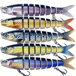 TEMU ZZKUG 19G 5개입 멀티 조인트 미노우 미끼, 탄소강 재질, 3개 후크, 슬로우 싱킹 디자인, 담수 및 해수 겸용, 바다 낚시 적합, 밝은 플로팅 로드, 내구성 좋은 미끼, 얕은 물 낚시 미끼