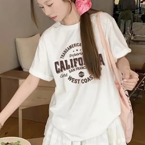 TEMU 레터 프린트 패턴 여성용 반팔 티셔츠, 캐주얼, 루즈핏, 스위트 스타일. 폴리에스터 95% + 스판덱스 5% 소재